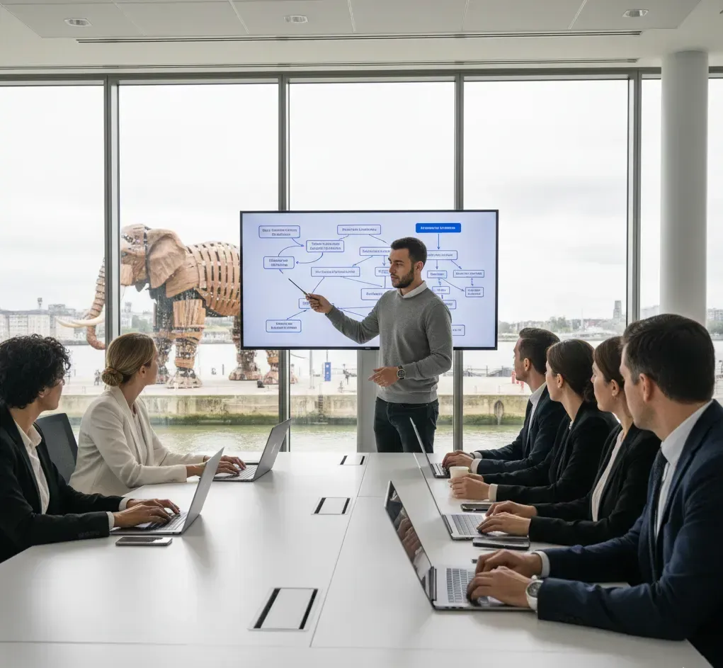 Formation IA à Nantes : un formateur présente un schéma à une équipe, le Grand Éléphant des Machines de l'île derrière les baies vitrées