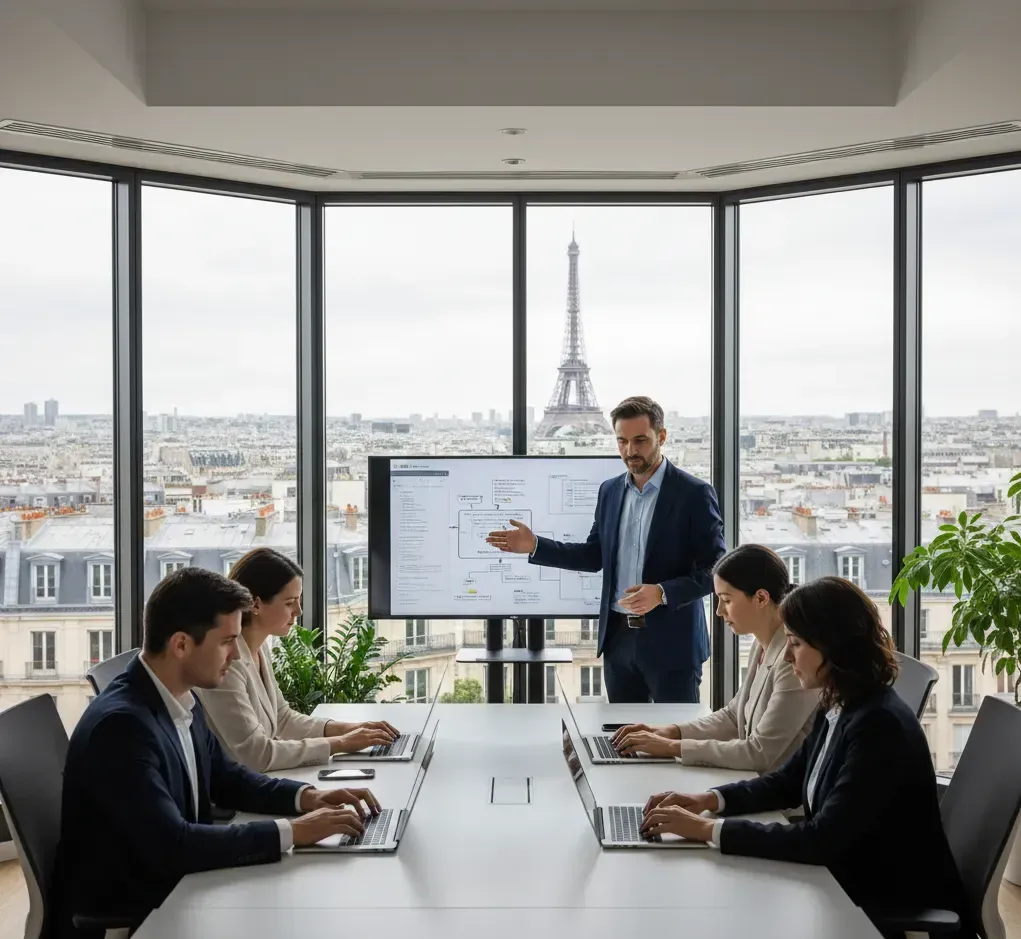 Formation IA à Paris : un formateur présente un schéma à une équipe, la tour Eiffel derrière les baies vitrées