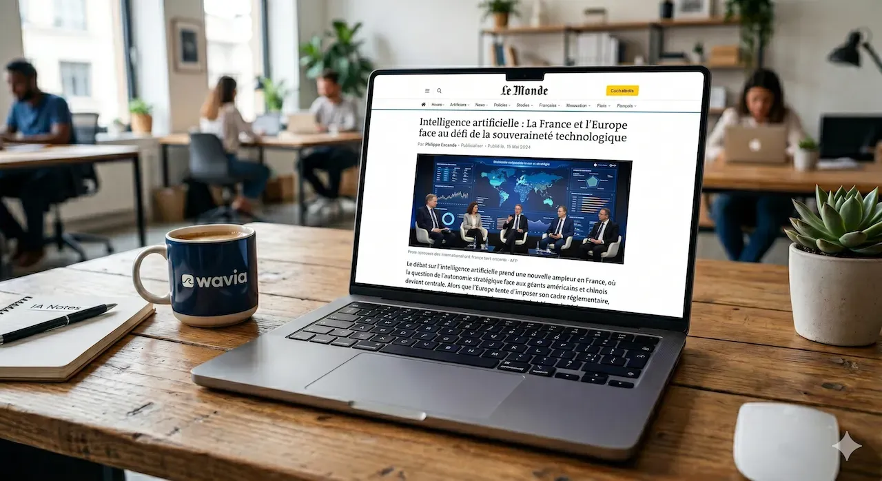 Ordinateur portable affichant un article sur l'intelligence artificielle, à côté d'un mug Wavia