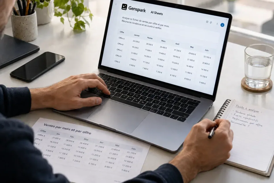 Genspark AI Sheets sur un ordinateur portable : un fichier de ventes par offre et par mois analysé à partir d'une demande