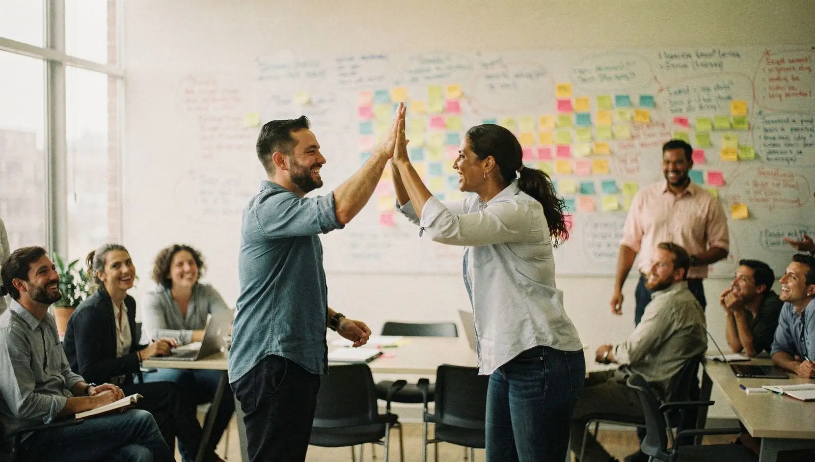 Atelier de formation IA en entreprise, dans une salle lumineuse : deux participants se tapent dans la main devant un mur de post-it, le groupe sourit autour de la table