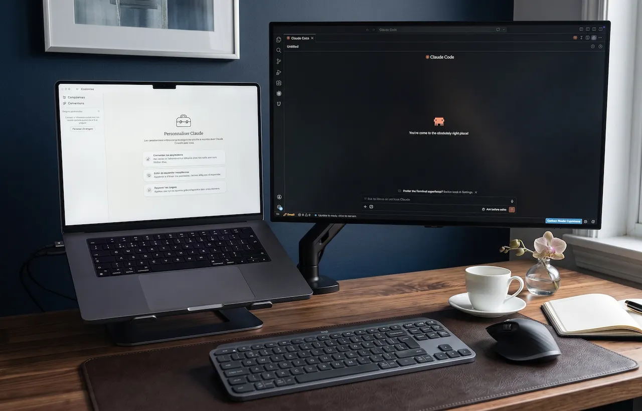 Claude Cowork et Claude Code ouverts sur un ordinateur de bureau, en train de mener une tâche