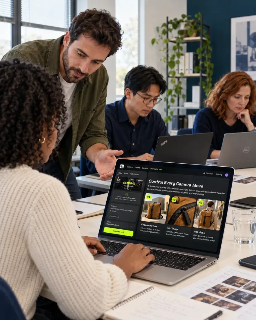 Une équipe créative réunie autour d’un ordinateur portable pendant un atelier de création visuelle