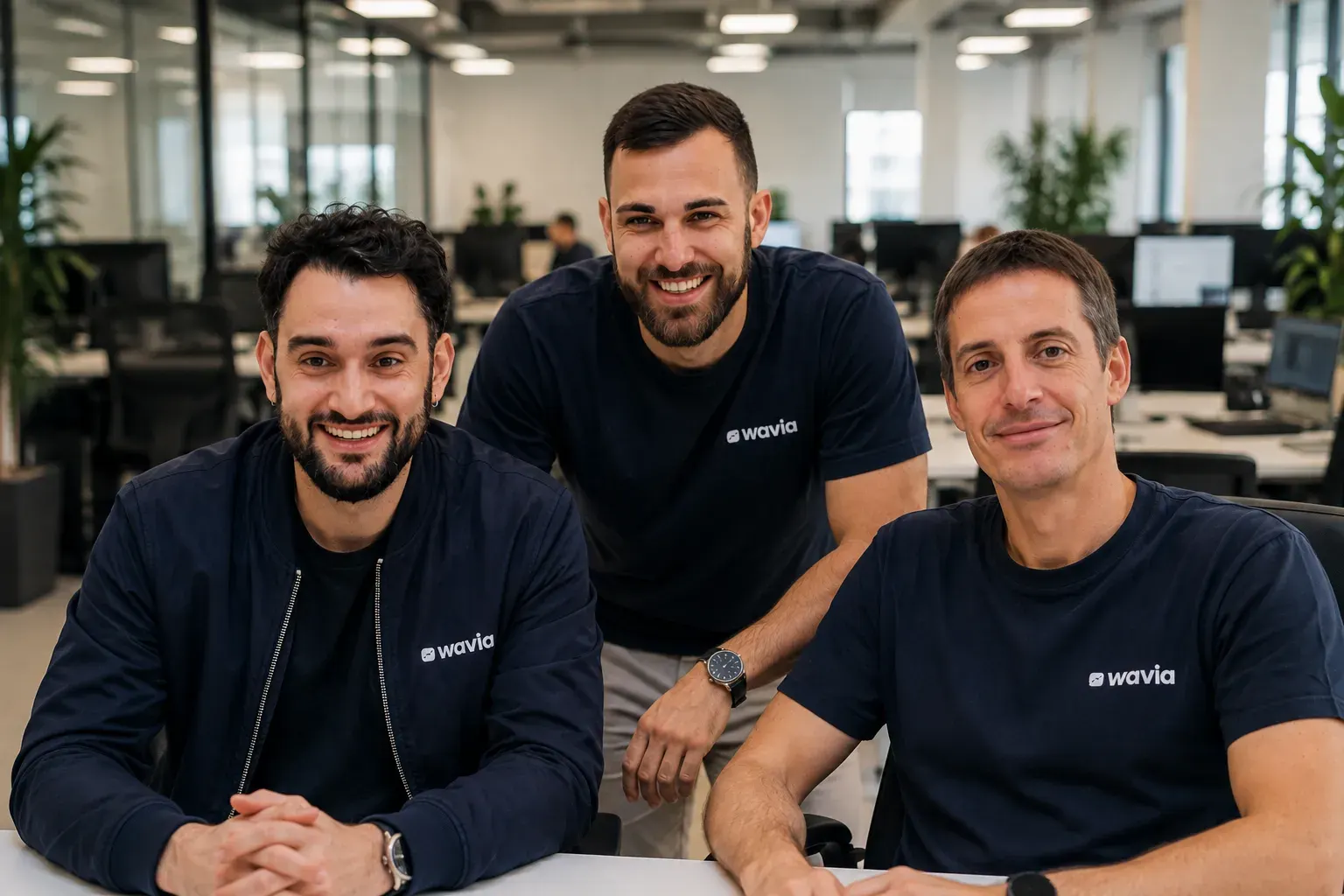 L'équipe de développement Wavia, souriante, devant les écrans d'un projet de logiciel métier