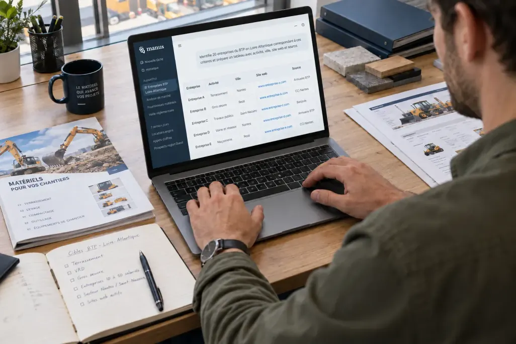 Manus sur un ordinateur portable : un tableau d'entreprises du BTP en Loire-Atlantique avec activité, ville, site web et source