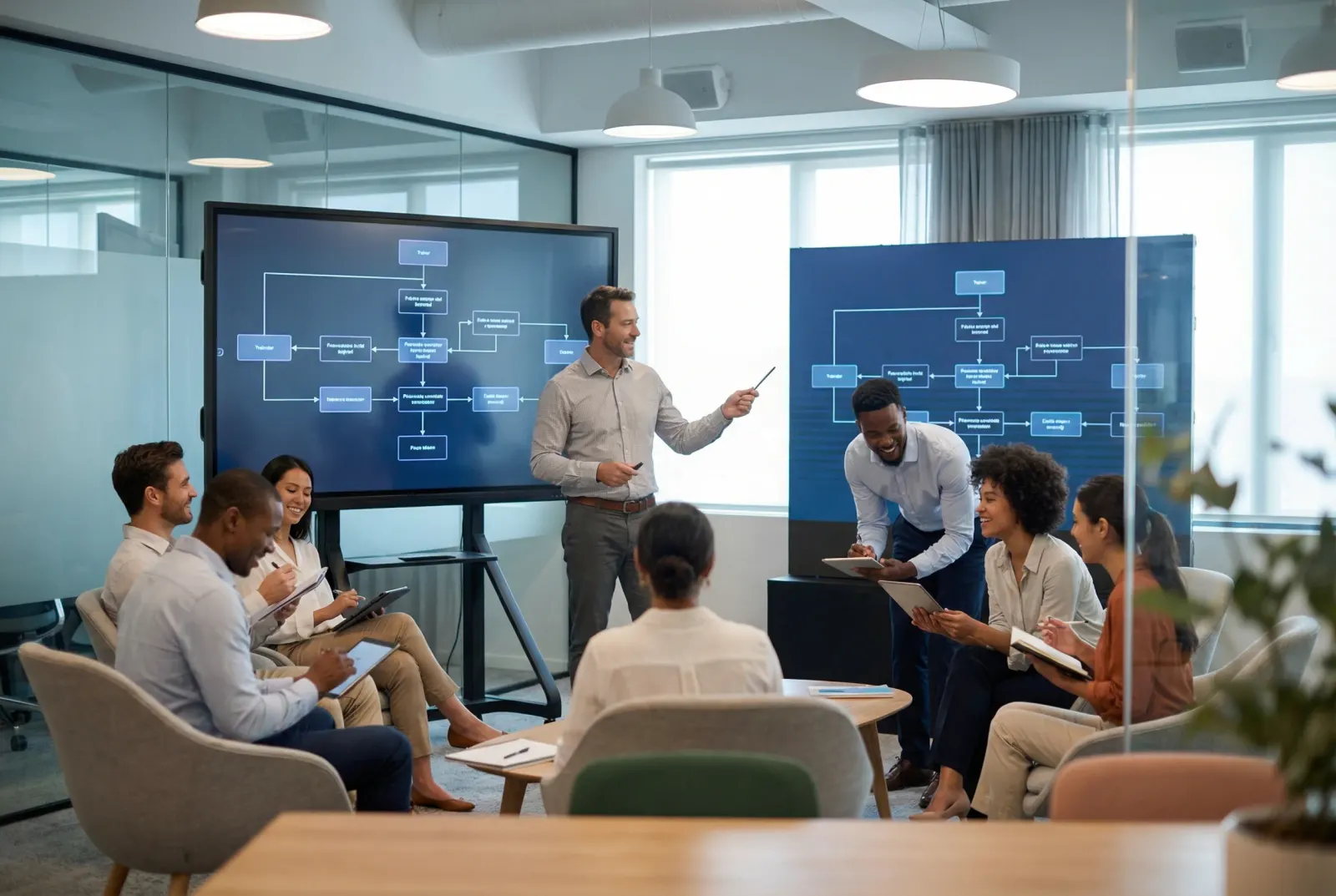 Équipe en formation sur l'intelligence artificielle dans une salle de réunion moderne