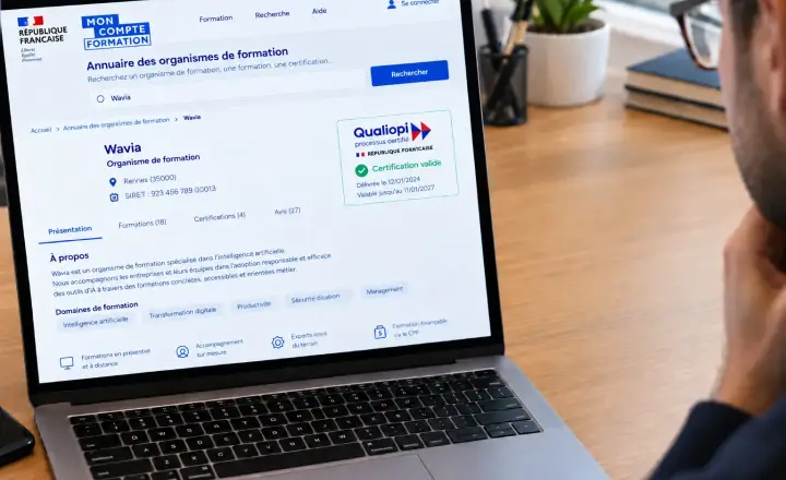 Fiche de Wavia sur Mon Compte Formation, avec la certification Qualiopi