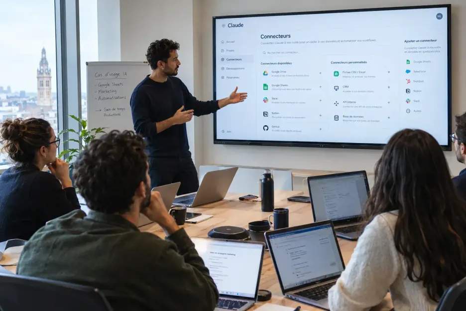Formation IA à Lille&nbsp;: un formateur Wavia montre les connecteurs de Claude à une équipe autour d'une table, un beffroi visible par la fenêtre