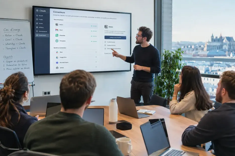 Formation IA à Rennes&nbsp;: un formateur présente les connecteurs de Claude à une équipe, vue sur les toits de la ville