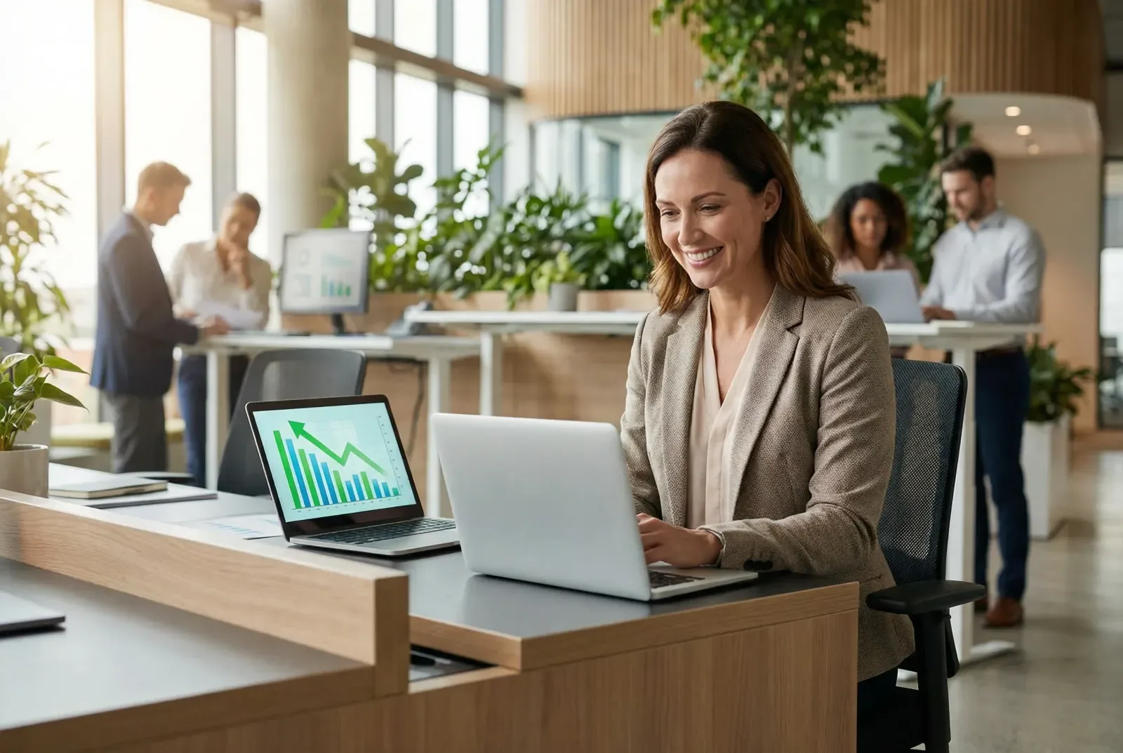Une collaboratrice souriante travaille avec Claude sur son ordinateur portable, dans un espace de travail lumineux