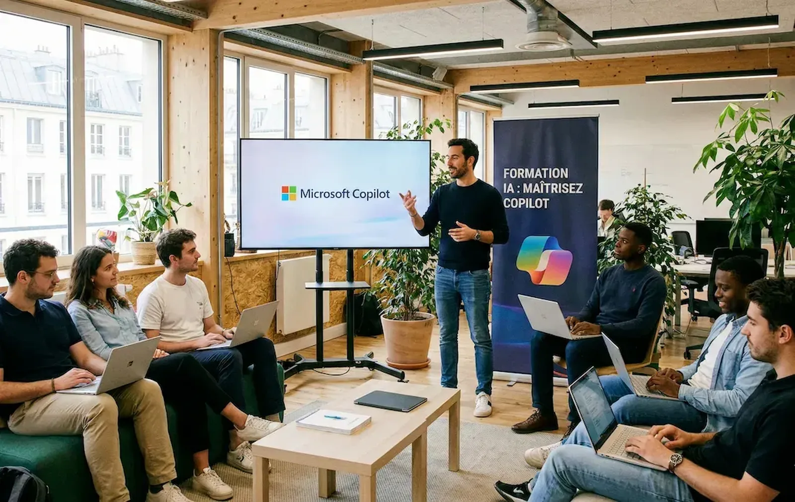 Un formateur anime une formation Microsoft Copilot devant une équipe souriante, dans un espace lumineux