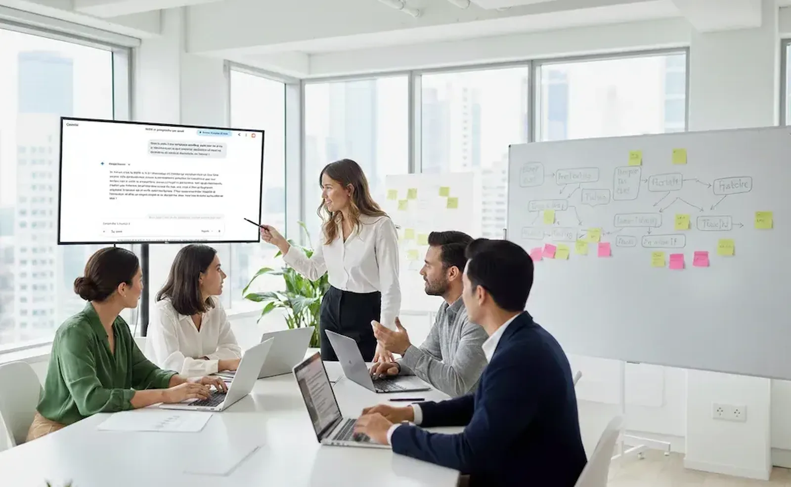 Une équipe souriante travaille avec Gemini et Google Workspace, en salle de réunion lumineuse