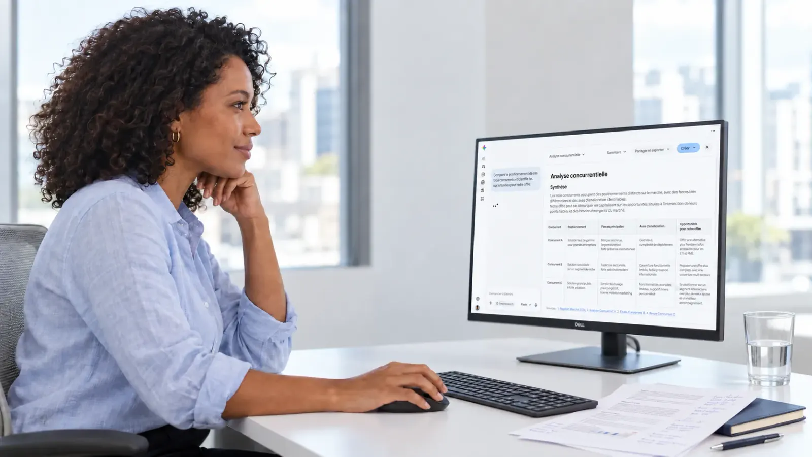 Une collaboratrice travaille avec Gemini sur un écran de bureau