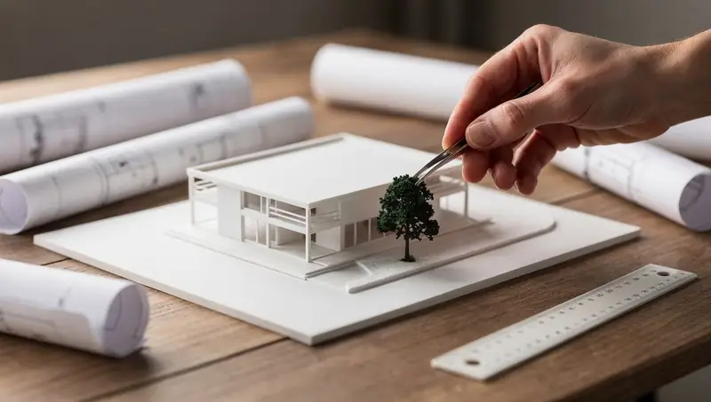 Une main pose un arbre miniature sur une maquette d'architecte