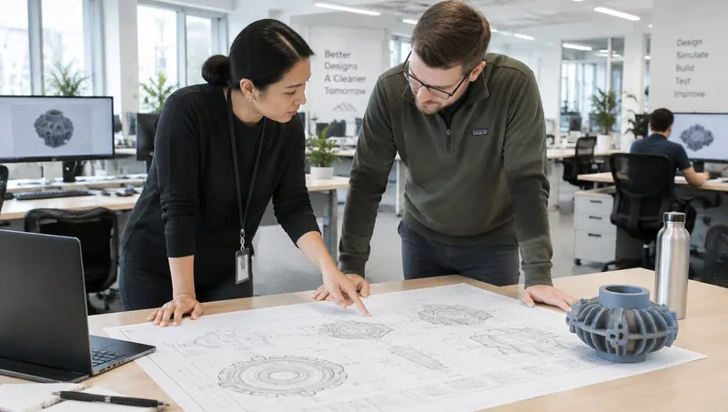 Deux ingénieurs d'un bureau d'études étudient un plan, la pièce imprimée en 3D à côté