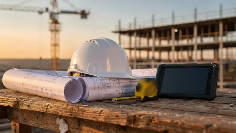 Un casque de chantier posé sur des plans roulés, une grue au loin