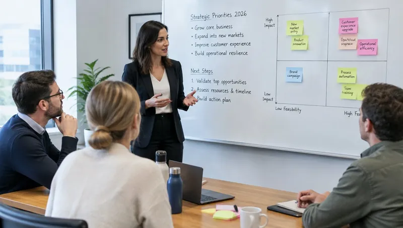 Une consultante anime un atelier de priorisation devant un tableau de post-it