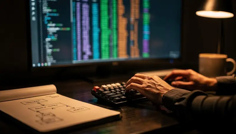 Des mains sur un clavier devant un écran de code, le soir