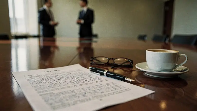 Un ordre du jour annoté, un stylo plume et des lunettes sur la table d'une salle de conseil