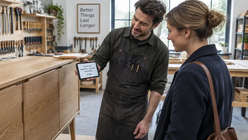 Un ébéniste présente un buffet en chêne et son devis à une cliente dans son atelier