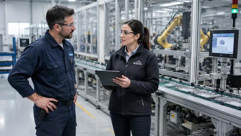 Un technicien de maintenance et une ingénieure méthodes devant une ligne de production automatisée