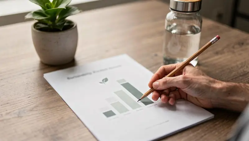 Une main annote un rapport de développement durable, une plante et une gourde à côté