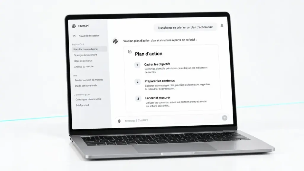 Un plan d'action préparé avec ChatGPT, affiché sur un ordinateur portable
