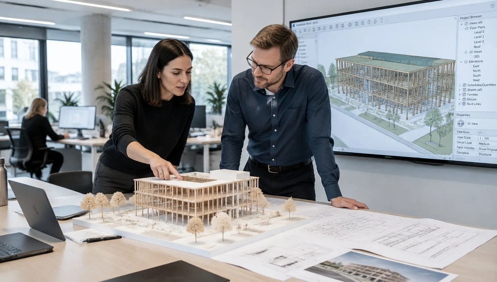 Une architecte et un ingénieur étudient la maquette d'un immeuble en bois, son modèle 3D au mur