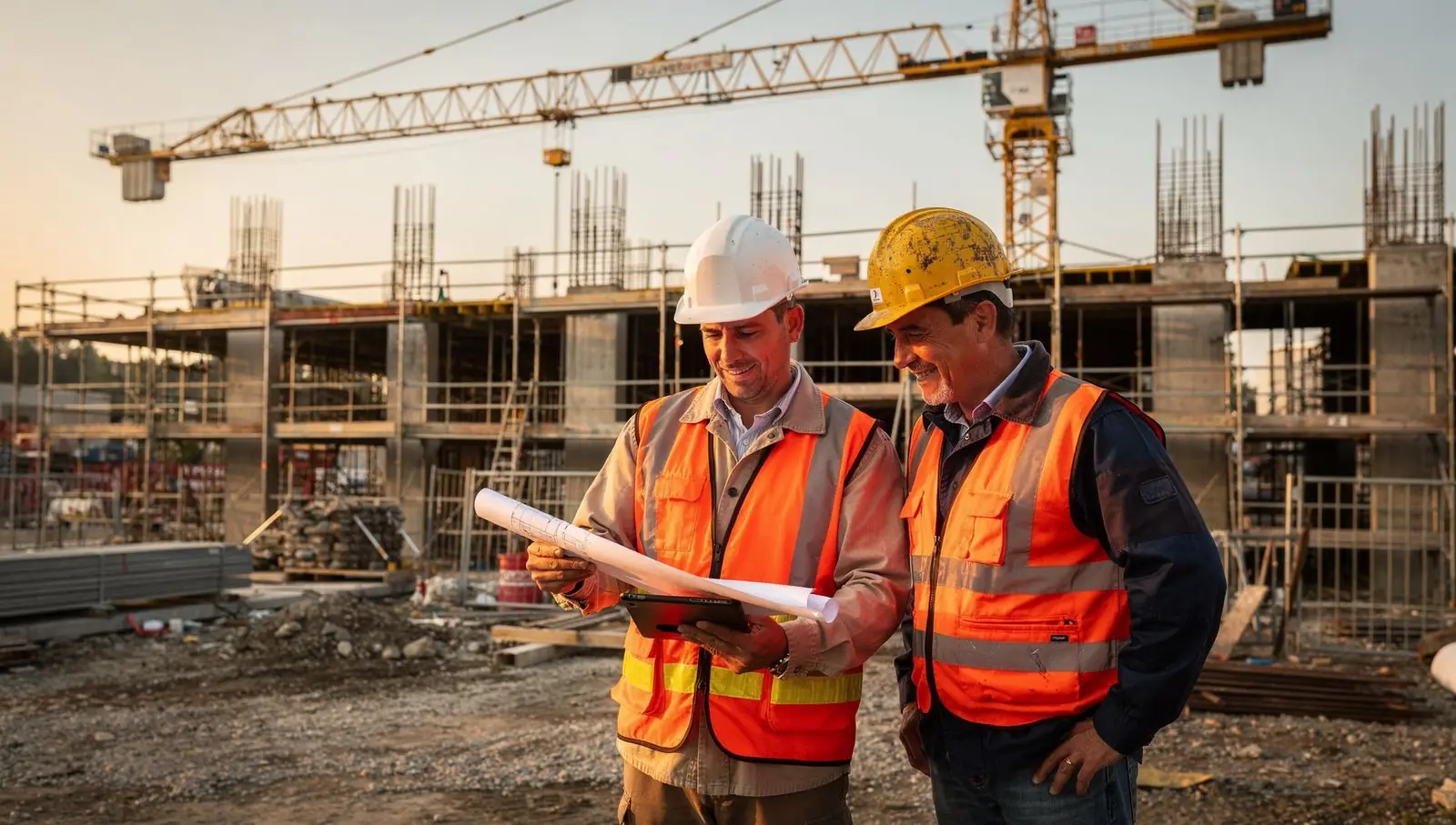 Deux conducteurs de travaux en casque consultent un plan sur un chantier de construction