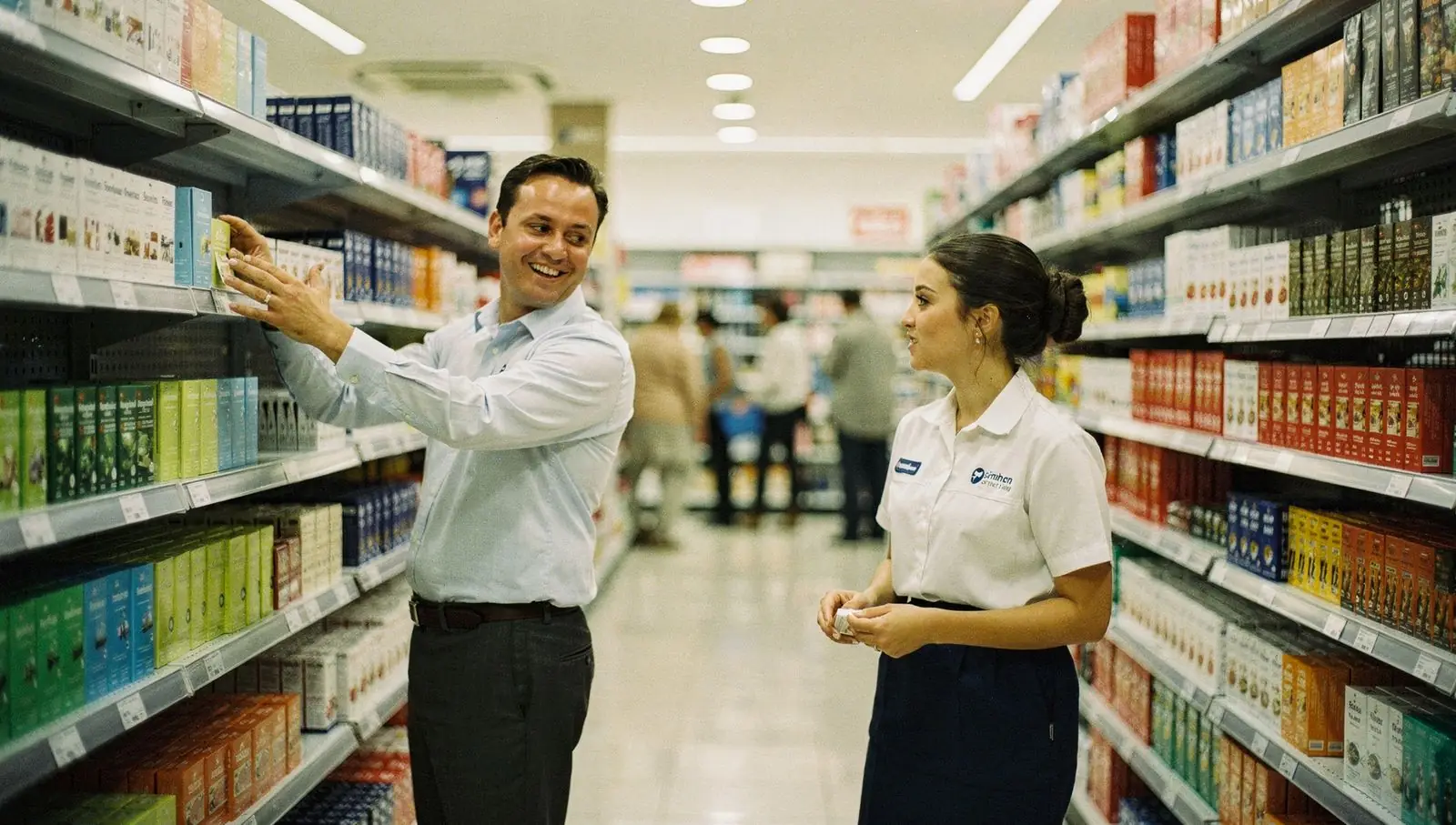 Un responsable de magasin et une vendeuse échangent dans un rayon
