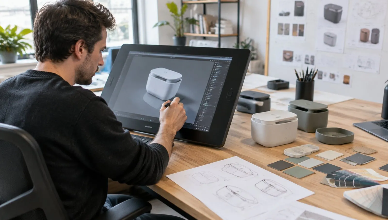 Un designer modélise un produit sur écran à stylet, prototypes imprimés en 3D sur l'établi