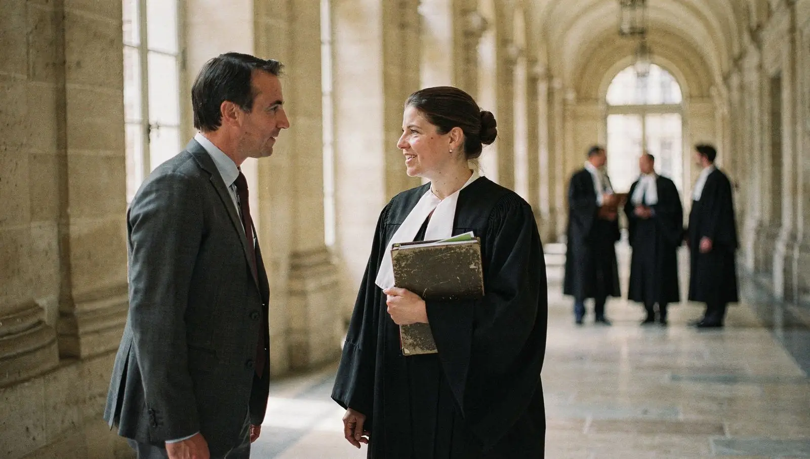 Une avocate annote un dossier à son bureau, codes et stylo plume à portée de main
