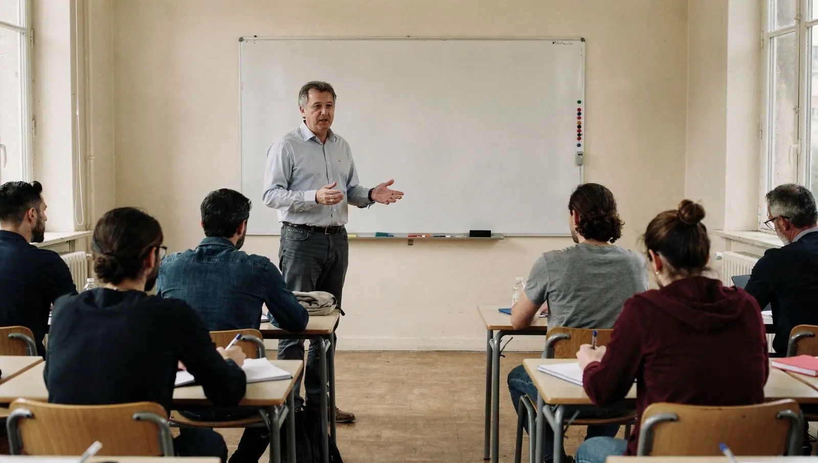 Un formateur anime une session devant un groupe d'adultes en salle de cours