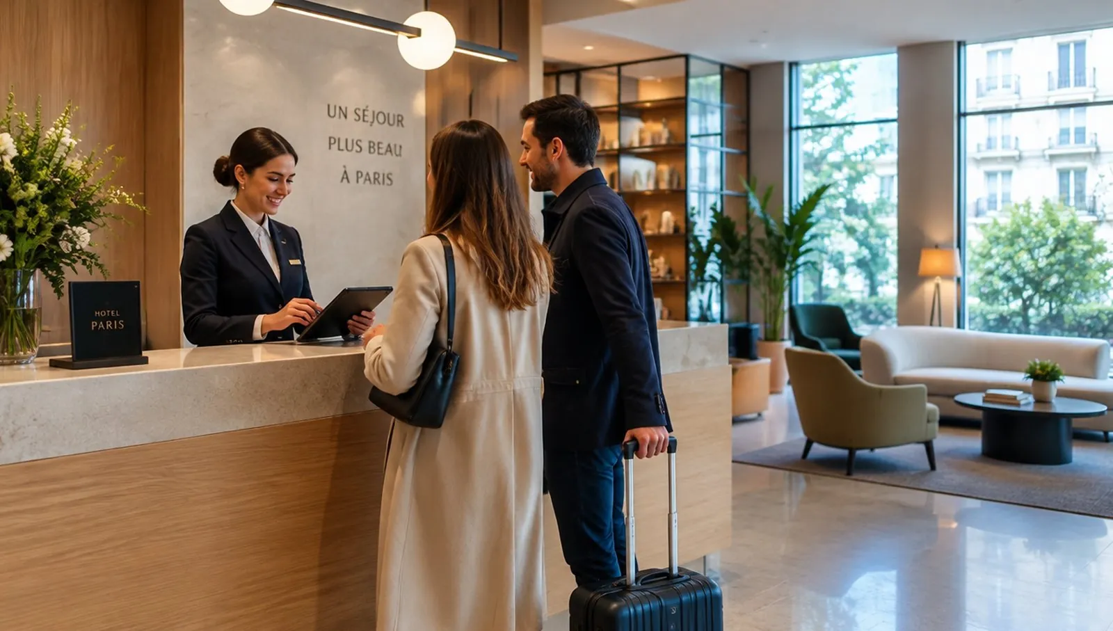 Une réceptionniste enregistre l'arrivée d'un couple sur tablette dans le hall d'un hôtel contemporain