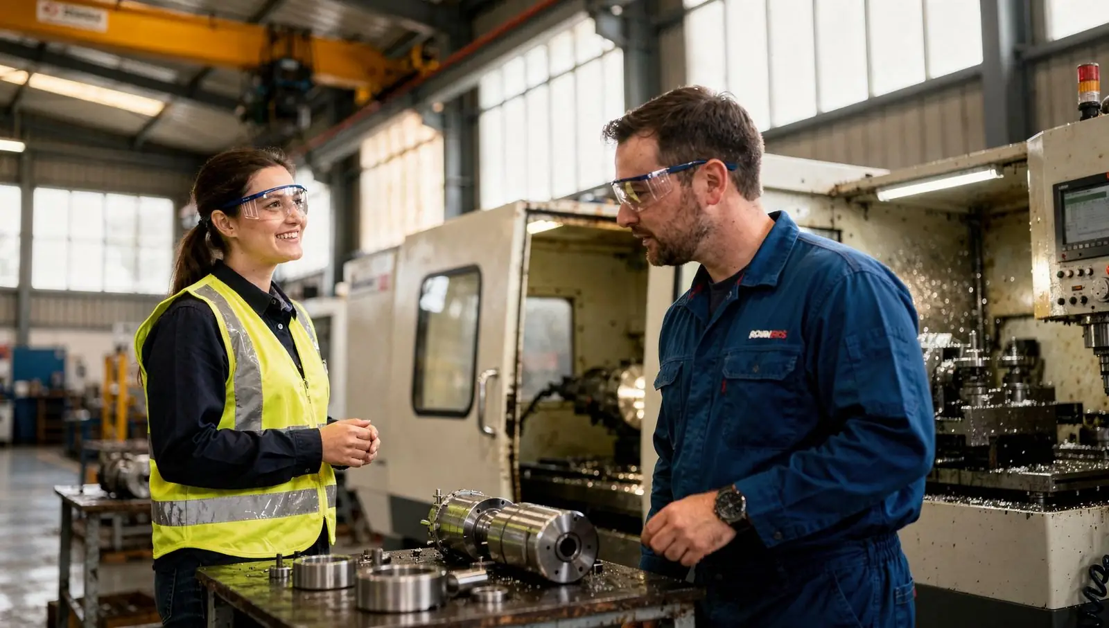 Une technicienne et un opérateur échangent devant une machine-outil dans un atelier d'usinage
