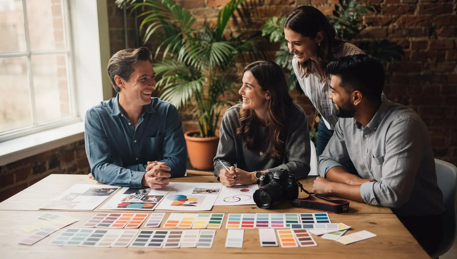 Une équipe d'agence sourit autour d'une table couverte de nuanciers et de maquettes