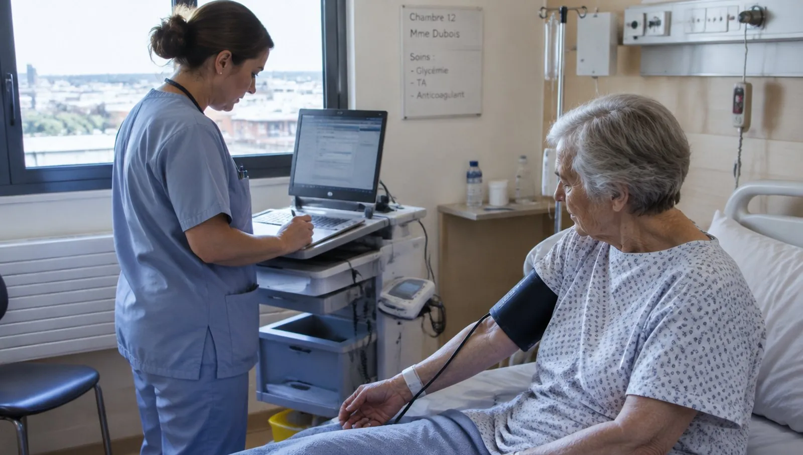 Une infirmière note la tension d'une patiente âgée dans une chambre d'hôpital