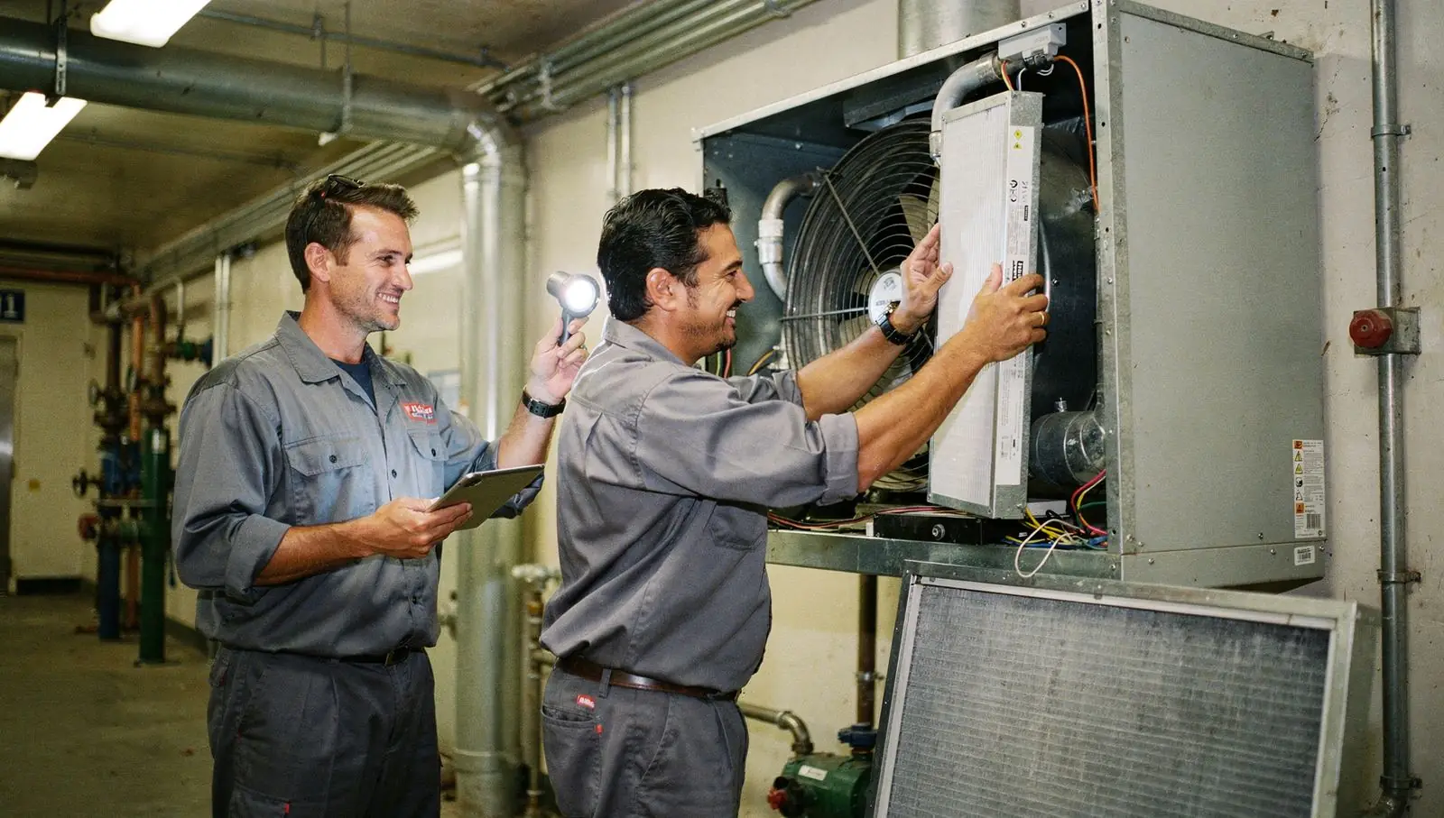 Deux techniciens remplacent le filtre d'une centrale de traitement d'air dans un local technique