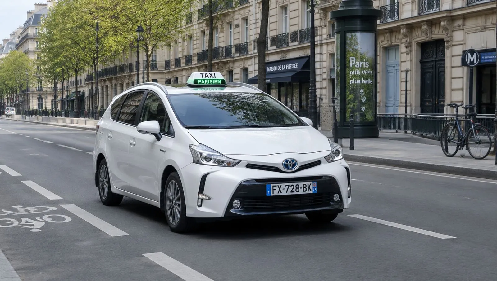 Un taxi parisien hybride récent roule sur un boulevard haussmannien