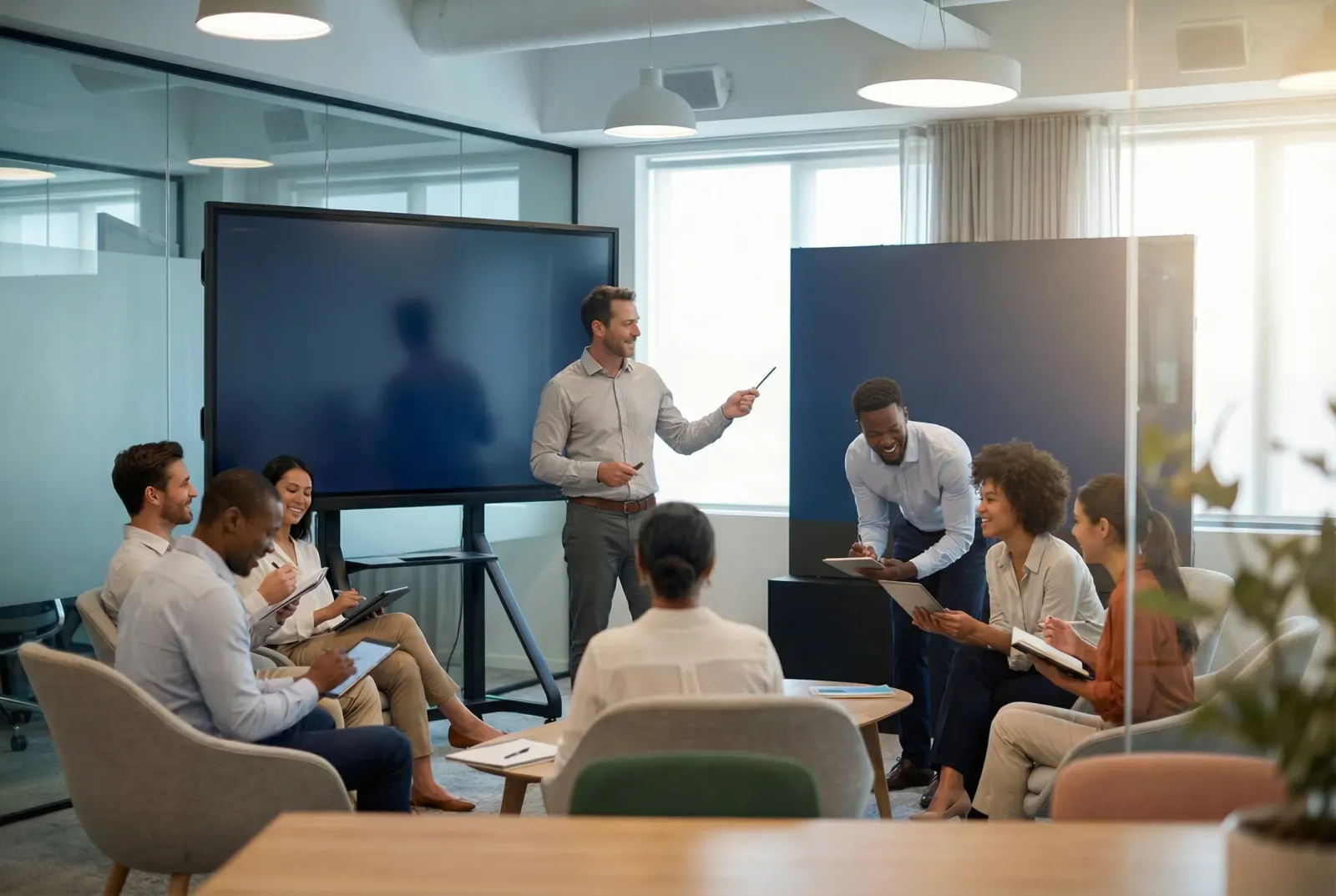Consultant Wavia animant un atelier pratique sur l'IA avec une équipe métier