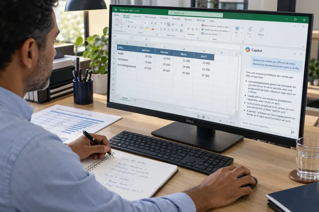 Un salarié analyse un tableau de ventes dans Excel avec le volet Microsoft 365 Copilot ouvert