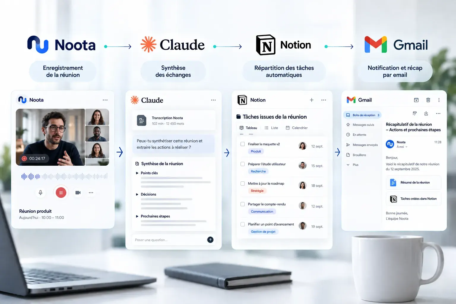 Scénario automatisé : réunion Noota, synthèse Claude, tâches Notion, récapitulatif Gmail