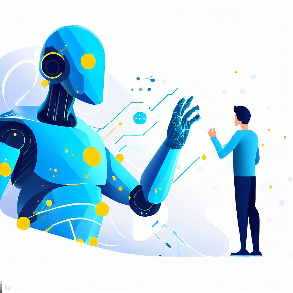 Une illustration dynamique montrant un robot bleu et un homme en interaction, symbolisant la collaboration entre l’humain et l’intelligence artificielle dans le milieu professionnel.