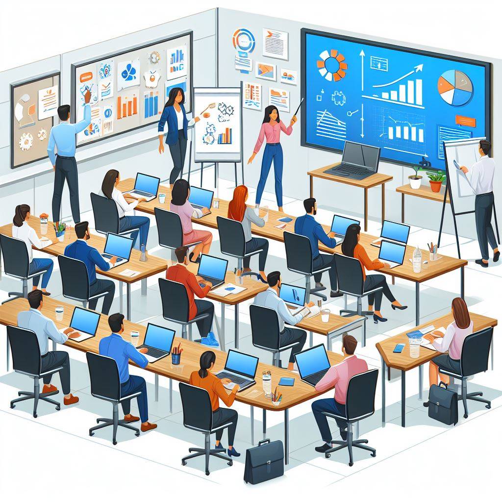 Une salle de classe animée avec des professionnels engagés dans une formation à l’IA, illustrant l’apprentissage collaboratif et l’échange d’idées.