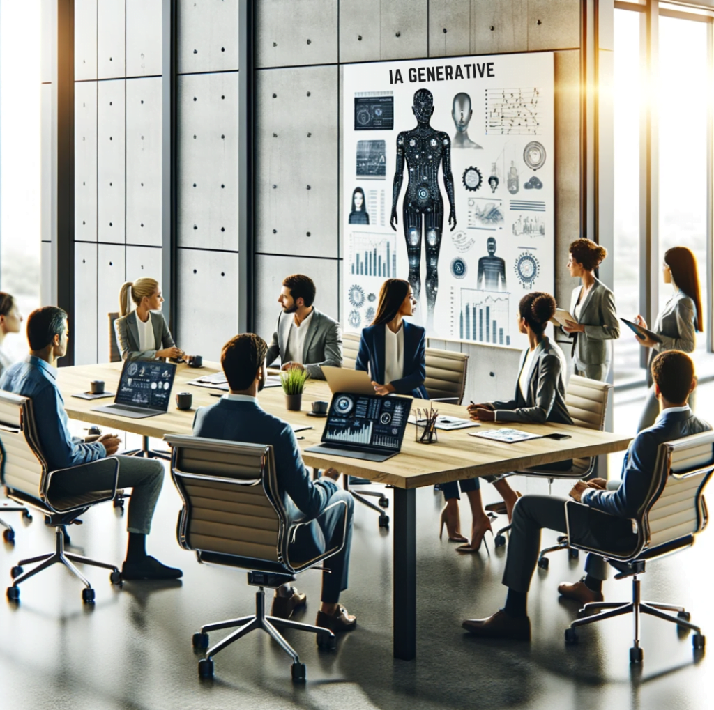 Réunion d'entreprise focalisée sur l'IA générative, illustrant comment les formations spécialisées influenceront les entreprises en 2024