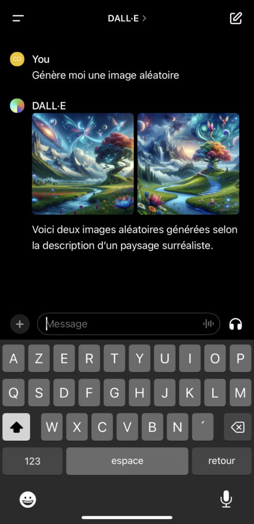 Capture d'écran de l'application mobile ChatGPT affichant la fonctionnalité de création d'image intégrée. L'utilisateur a demandé la génération d'une image aléatoire, et l'IA, via DALL-E, a produit deux images colorées et fantaisistes de paysages surréalistes, illustrant la capacité de l'application à créer du contenu visuel à partir de prompts textuels